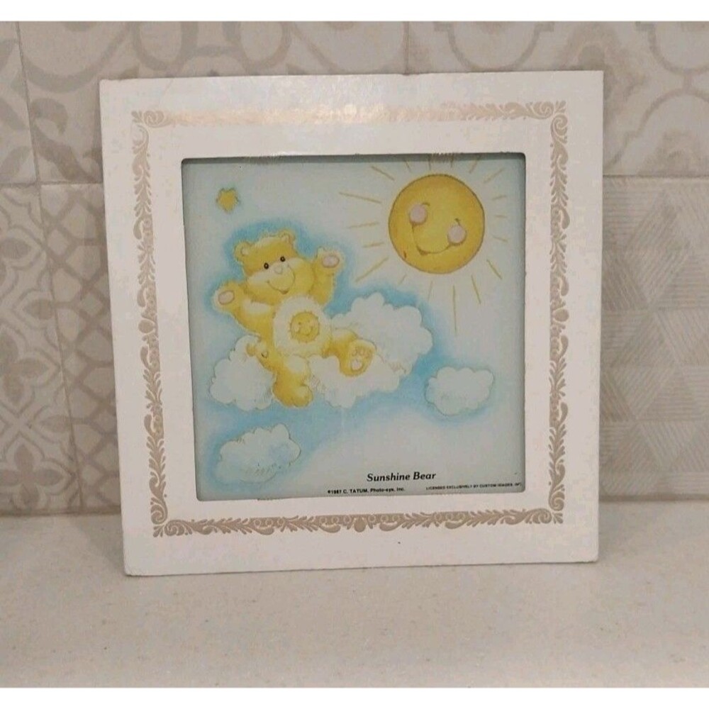 Vintage 1987 Care Bears Sunshine Bear Glass Frame Wall Art Carnival Prize 8x8